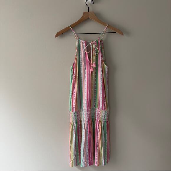 Southern Tide Smocked Waist Mini Dress Colorful spaghetti strap tie bow keyhole - Picture 2 of 11